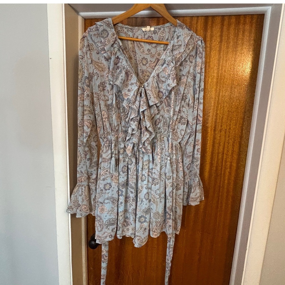 En‎ Creme Blue Paisley Ruffle Romper Long Bell Sleeve Boho ERU61761TR Large